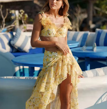 Lemon Blossom Ruffle Co-ord Set – Bralette + High-Slit Skirt