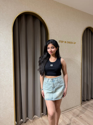 Washed Ruched Front Slit Denim Skirt – Dusty Blue