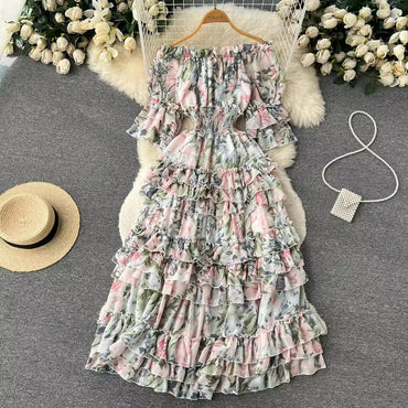 Short Sleeve Slash Neck Floral A-line Dress