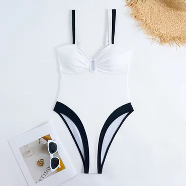 Monochrome Chic Sculpted One-Piece Swimsuit – White & Black