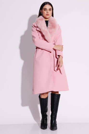 Pink Faux Fur Trim Coat