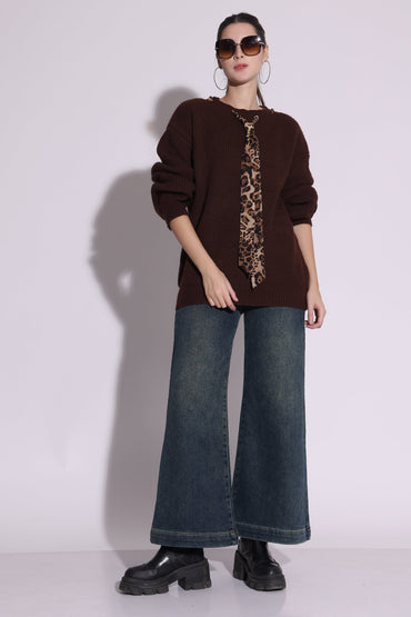 Oversized Knit Sweater with Leopard Print Accent