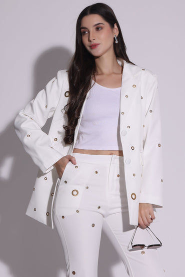 White Eyelet-Embellished Suit Set