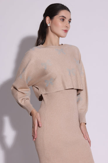 Beige Knit Sweater and Skirt Set