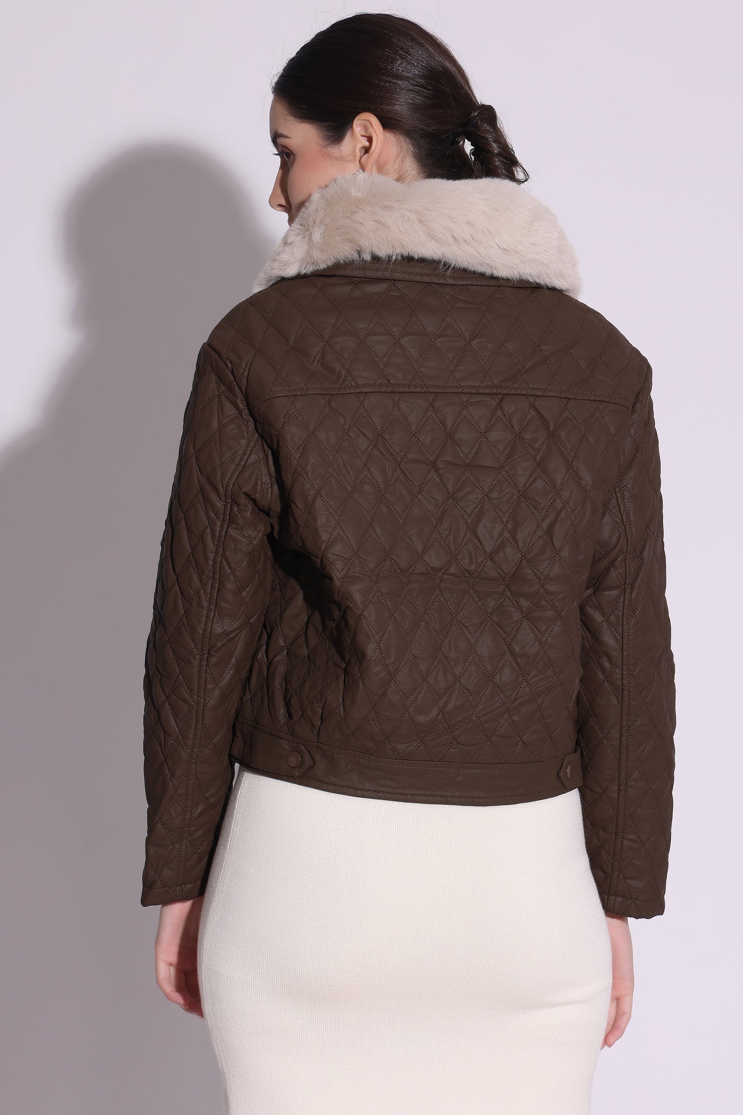 Quilted Faux-Leather Jacket with Fur Collar
