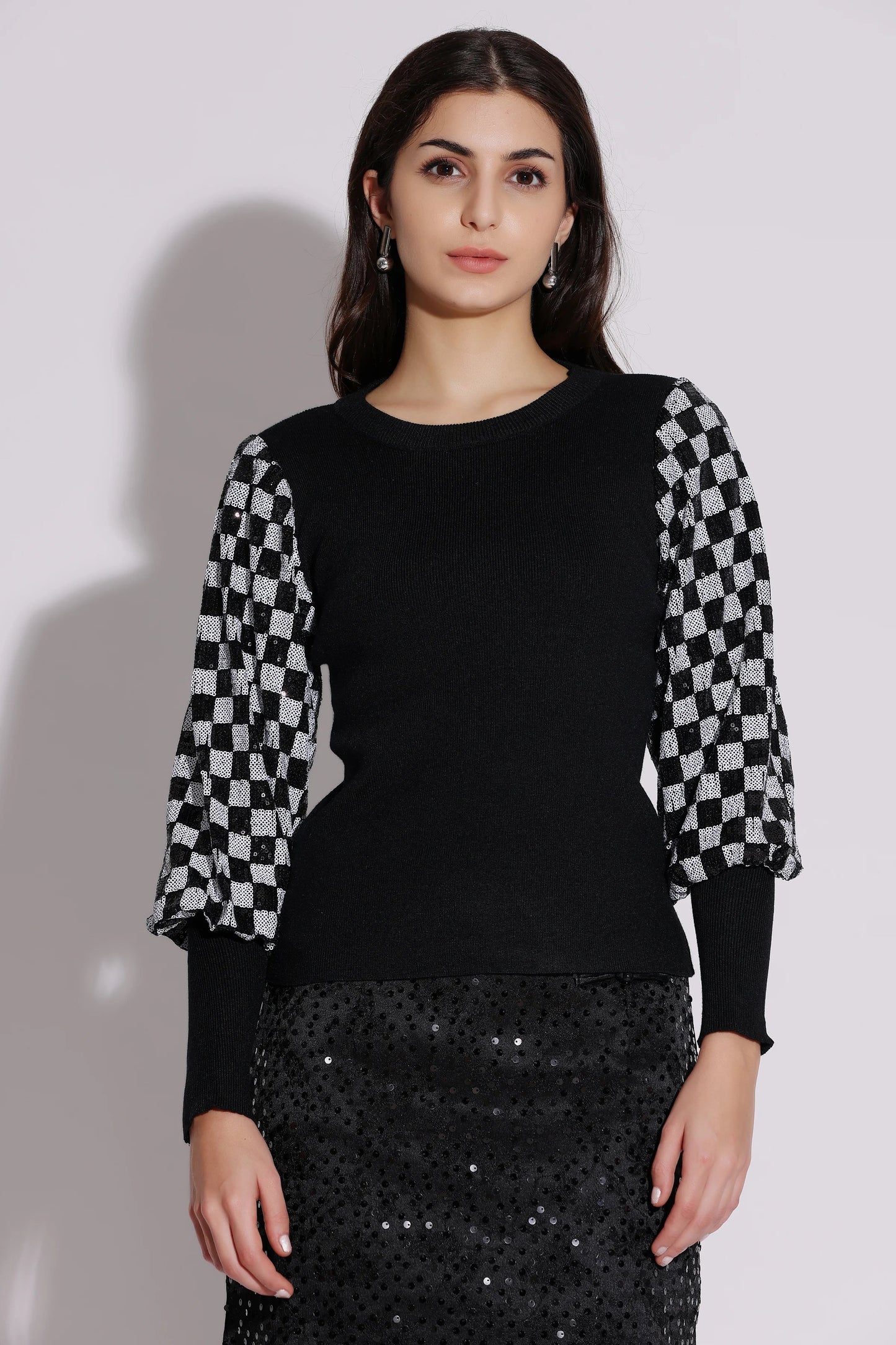 Black and White Checkered Puff Sleeve Top