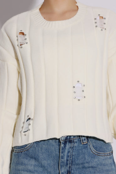 Studs Embellished Distressed Knit Sweater