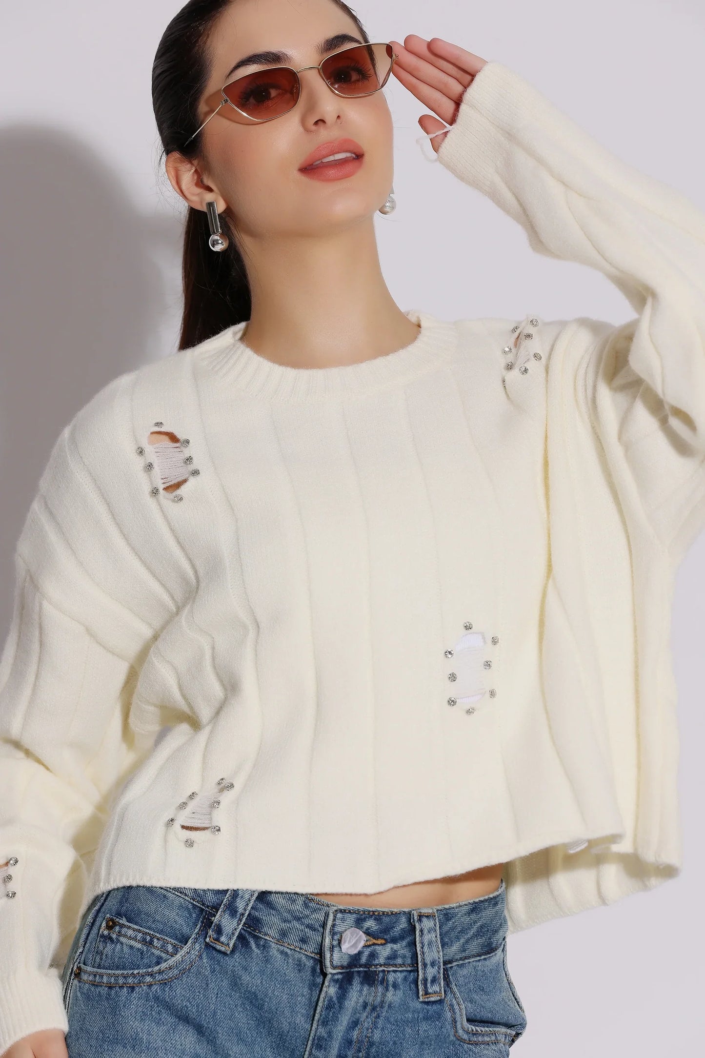 Black Knit Sweater with Rhinestone Accents