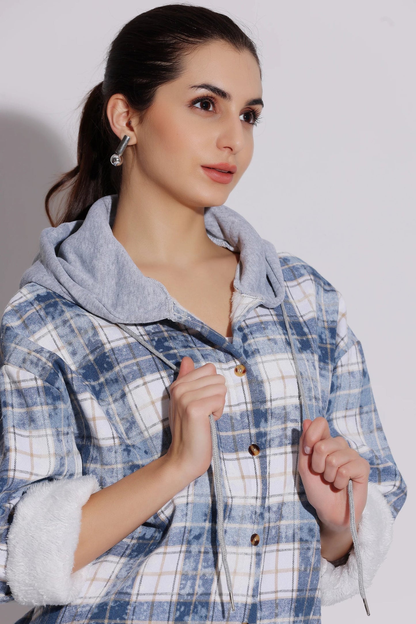 Women's Plaid Button-Up Hoodie Shirt