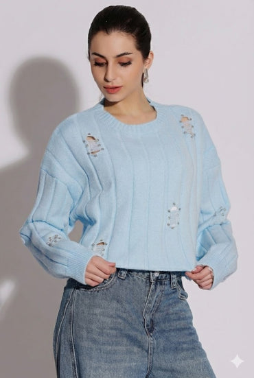 Black Knit Sweater with Rhinestone Accents