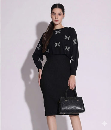 Beige Knit Sweater and Skirt Set