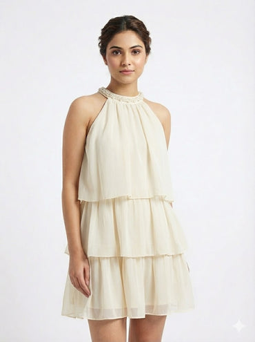 Neck Pearl Flowy Dress