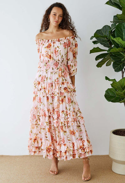 Short Sleeve Slash Neck Floral A-line Dress