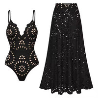 Noir Soleil Eyelet Cutout Swim Set – Bodysuit + Maxi Skirt
