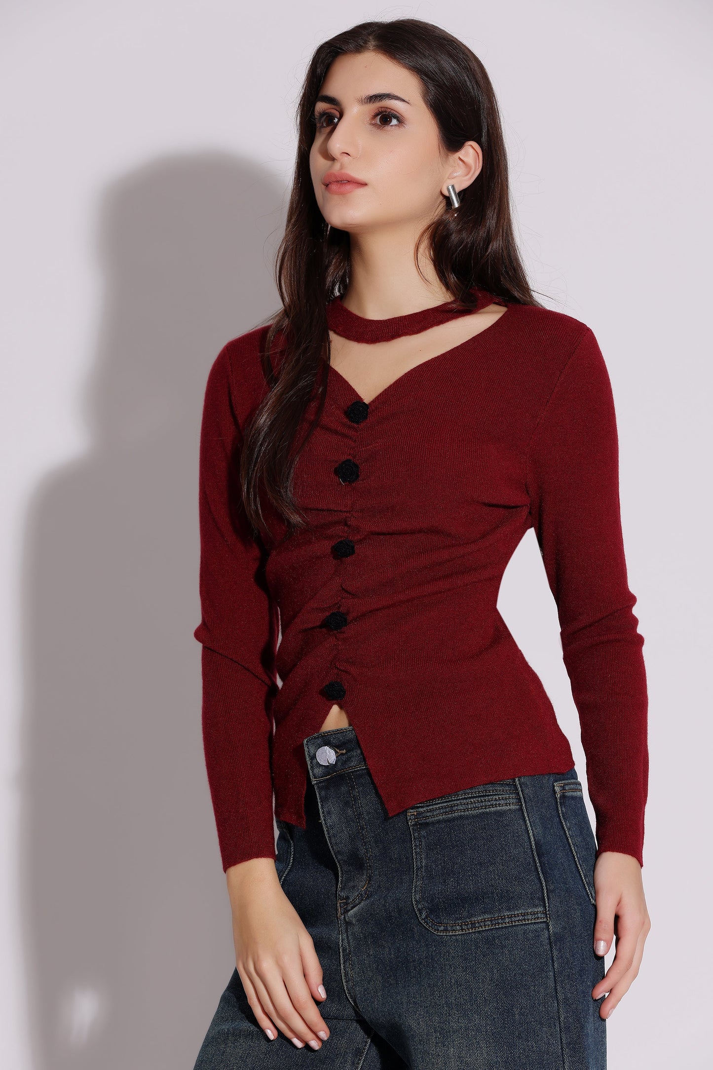 Burgundy Button-Front Sweater