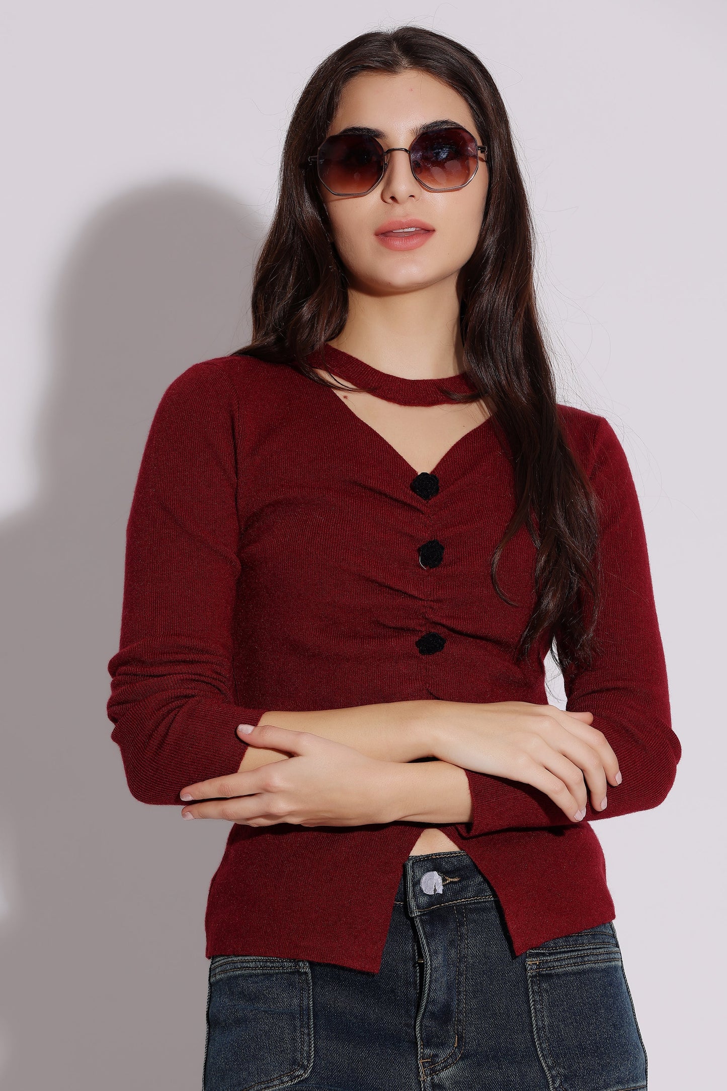 Burgundy Button-Front Sweater