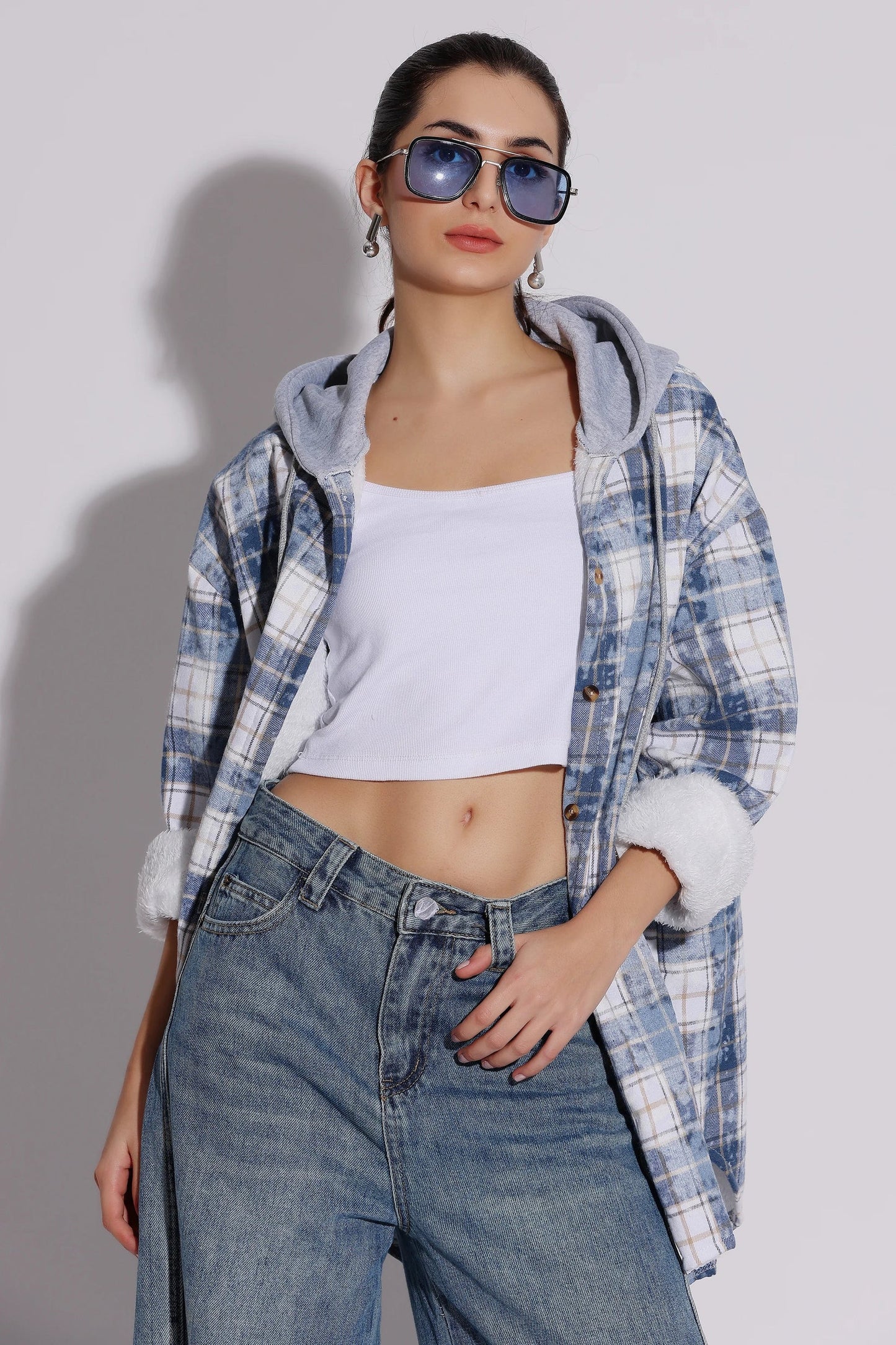 Women's Plaid Button-Up Hoodie Shirt