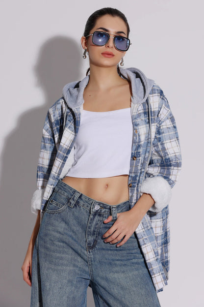 Women's Plaid Button-Up Hoodie Shirt