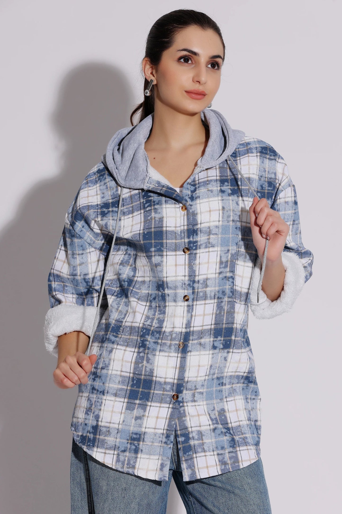Women's Plaid Button-Up Hoodie Shirt