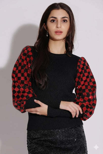 Checkered Puff Sleeve Top
